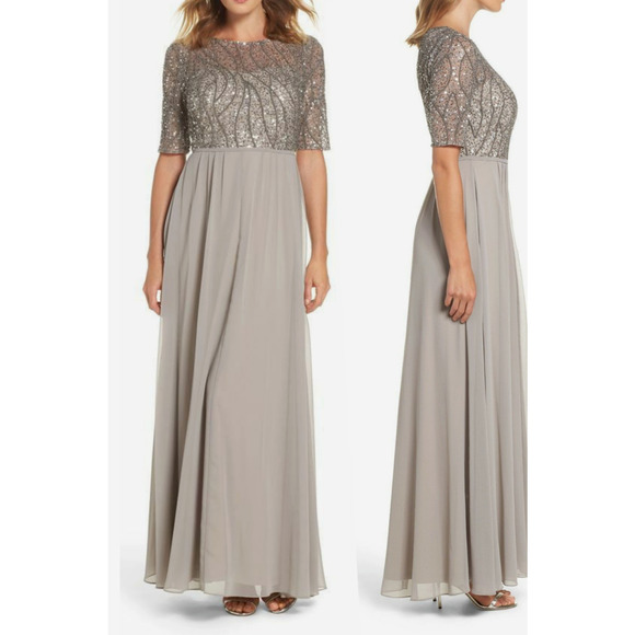 NEW Adrianna Papell Beaded Bodice Chiffon Gown Dress‎ Platinum sz 16P - Picture 1 of 8